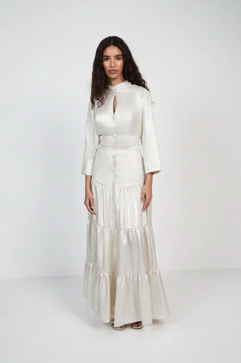 Off white metallic foil maxi shirt dress with buttons down the front