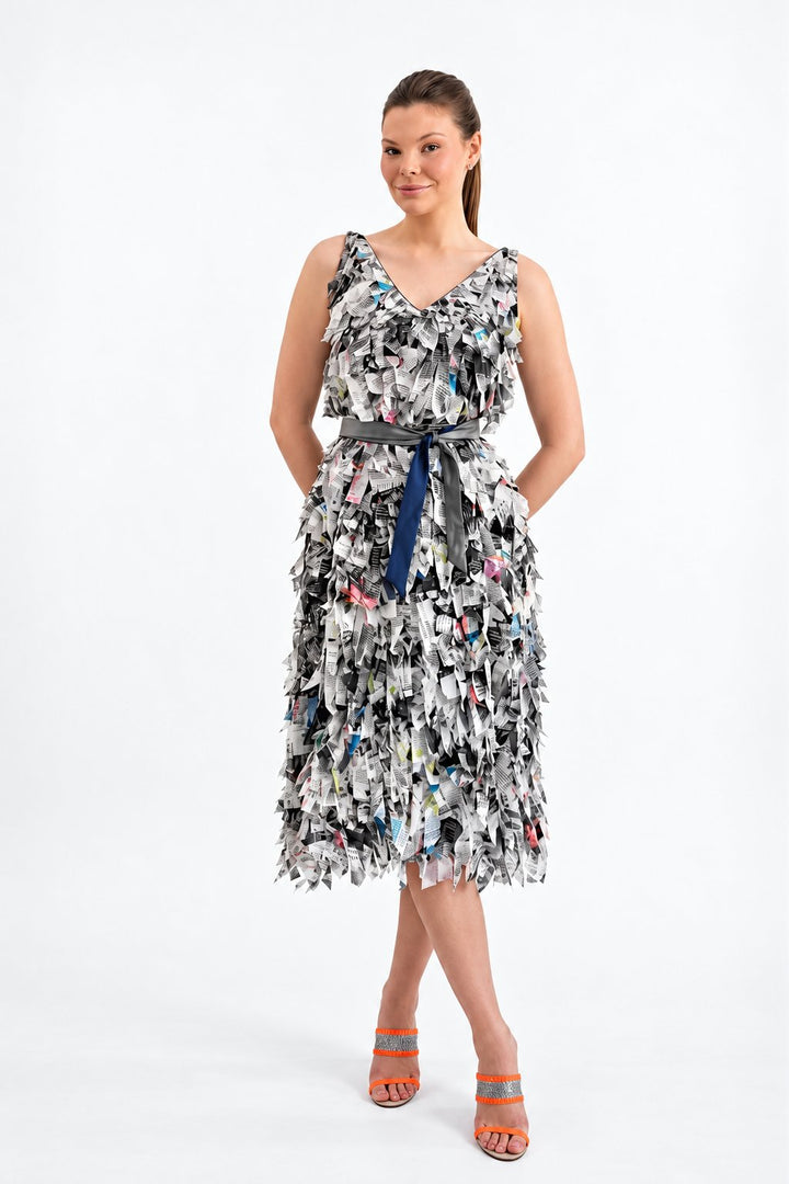 Celosia Dress in an abstract grey and white print, laser cut chiffon frill midi with a V neckline and tie belt, by Baruni