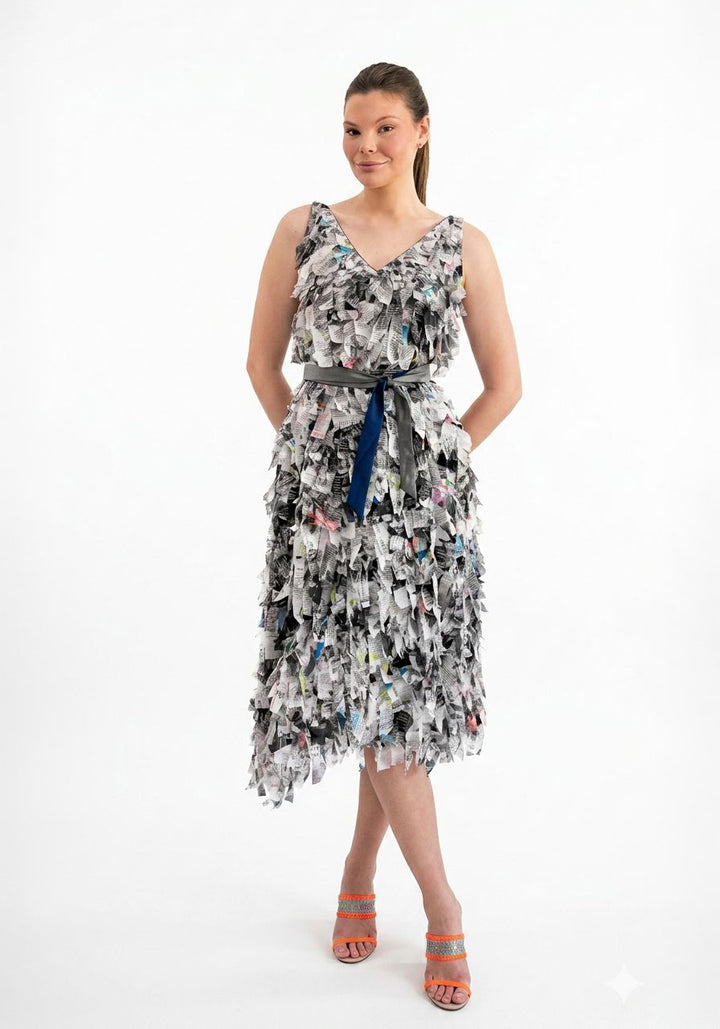 Elegant layered frill dress with flowing silhouette and soft texture