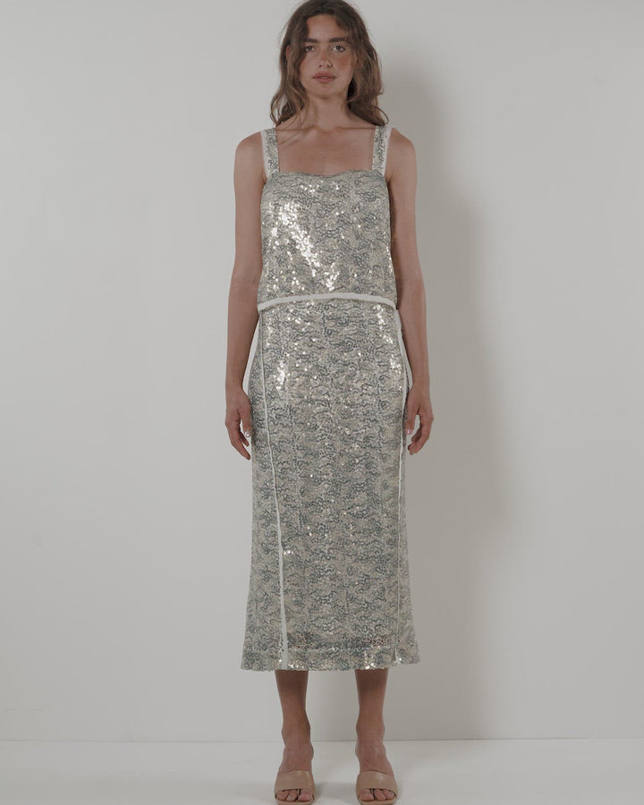 Straight sequin skirt.