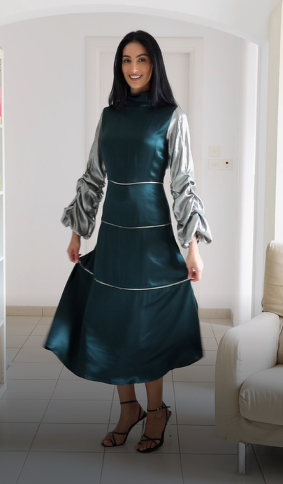 Midi dress with high collar.